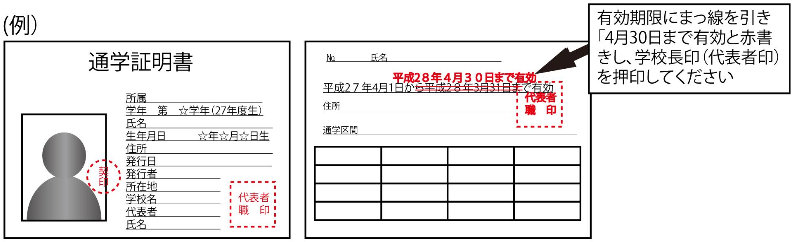 旧学年の通学証明書を学校が訂正したもの